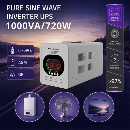 Qoltec Zasilacz awaryjny UPS Pure Sine Wave | 1000VA/720W | Przetwornica12/230V z AVR | LCD | LiFePO4 AGM GEL