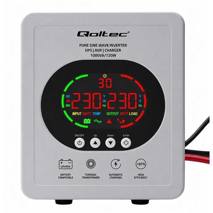 Qoltec Zasilacz awaryjny UPS Pure Sine Wave | 1000VA/720W | Przetwornica12/230V z AVR | LCD | LiFePO4 AGM GEL