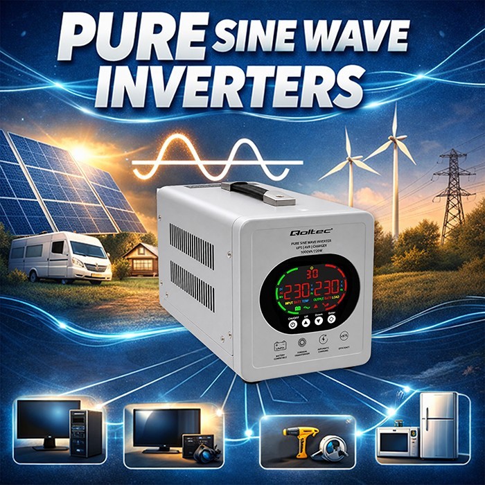 Qoltec Zasilacz awaryjny UPS Pure Sine Wave | 1000VA/720W | Przetwornica12/230V z AVR | LCD | LiFePO4 AGM GEL