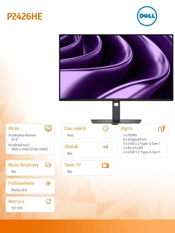 Dell Monitor P2426HE 24 cale IPS FHD (1920x1080)/16:9/HDMI/2xDP/2xUSB/3xUSB-C/RJ45/3Y