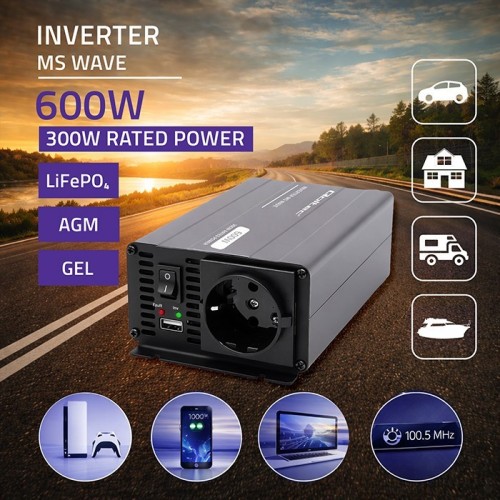 Qoltec Przetwornica napięcia MS Wave | 12V na 230V | 300/600W