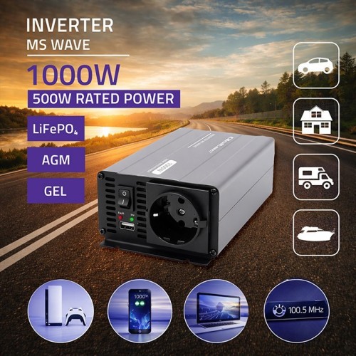 Qoltec Przetwornica napięcia MS Wave | 12V na 230V | 500/1000W