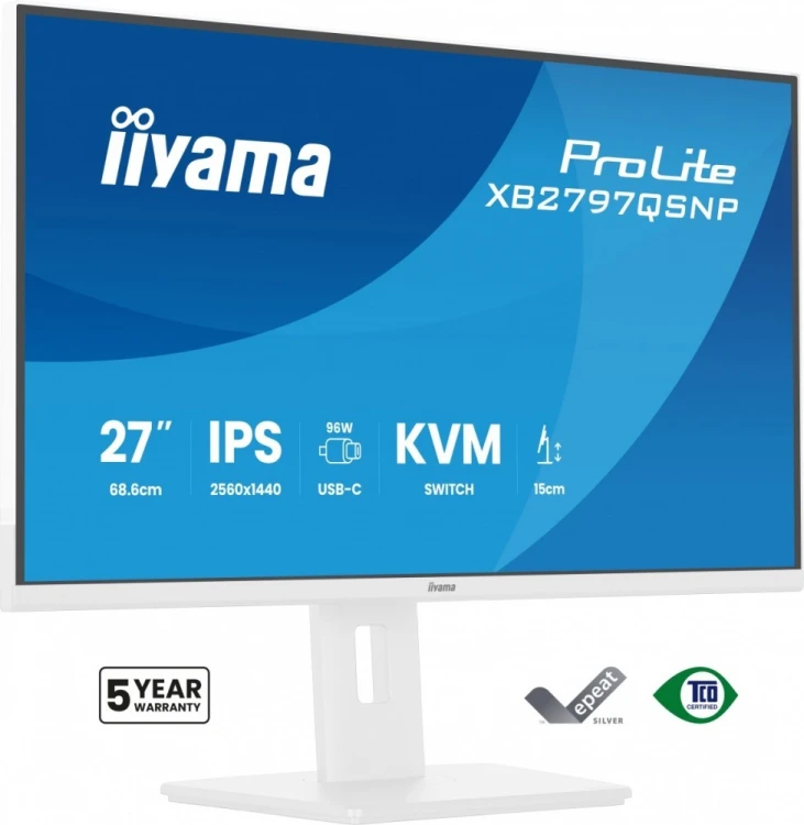 IIYAMA Monitor  27 cali XB2797QSNP-W1 IPS,QHD,USB-c Dock 96W,HDMI, 350cd,1ms, DP, DisplayPort x1 (Daisy Chain MST max. 2560 x1440), USB HUB x4, RJ45