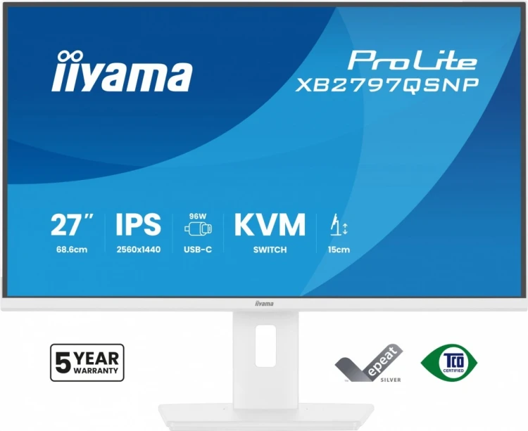 IIYAMA Monitor  27 cali XB2797QSNP-W1 IPS,QHD,USB-c Dock 96W,HDMI, 350cd,1ms, DP, DisplayPort x1 (Daisy Chain MST max. 2560 x1440), USB HUB x4, RJ45