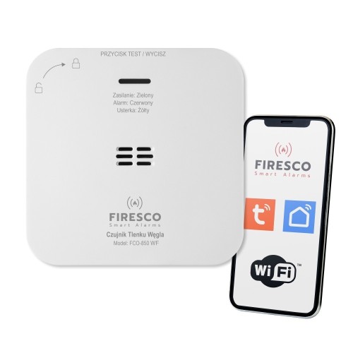 Firesco Czujnik tlenku węgla Tuya/WiFi FCO-850 WF, czujnik tlenku węgla z komunikacja WiFi, Tuya / Smart Life, autonomiczny czujnik tlenku