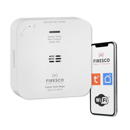 Firesco Czujnik tlenku węgla Tuya/WiFi FCO-850 WF, czujnik tlenku węgla z komunikacja WiFi, Tuya / Smart Life, autonomiczny czujnik tlenku