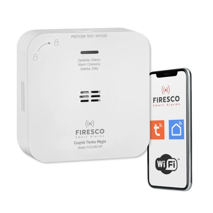 Firesco Czujnik tlenku węgla Tuya/WiFi FCO-850 WF, czujnik tlenku węgla z komunikacja WiFi, Tuya / Smart Life, autonomiczny czujnik tlenku