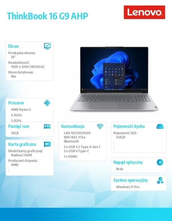 Lenovo Laptop ThinkBook 16 G9 21UT0097PB W11Pro 5 220/16GB/512GB/INT/16.0 WUXGA/Arctic grey/3YR OS + 1YR CI + CO2 Offset