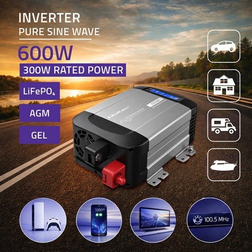 Qoltec Przetwornica napięcia Pure Sine Wave | 12V na 230V | 300/600W