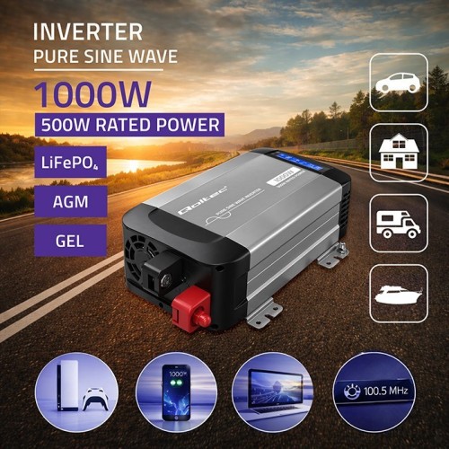 Qoltec Przetwornica napięcia Pure Sine Wave | 12V na 230V | 500/1000W