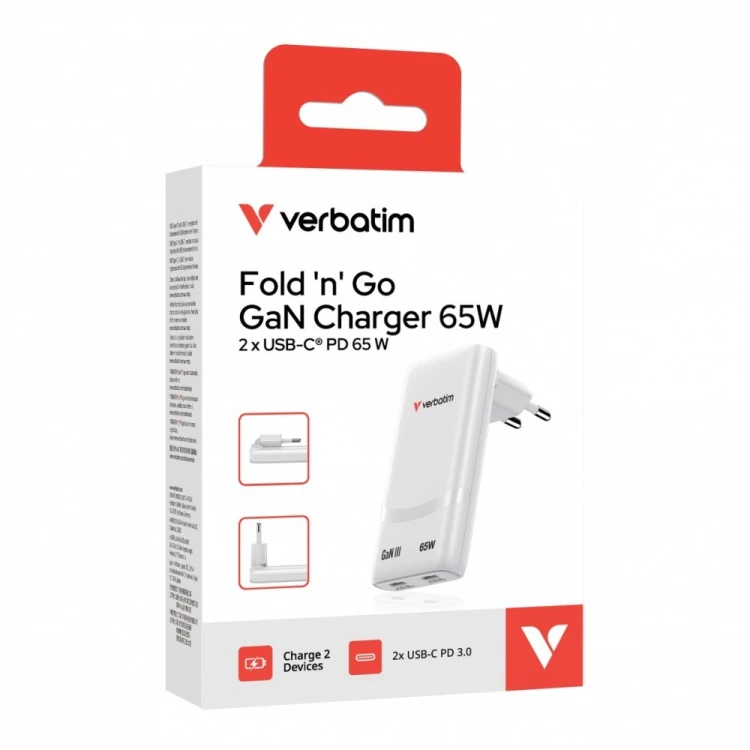 Verbatim Ładowarka Fold n GO GaN 65W 2xUSB-C PD 3.0 PPS biała