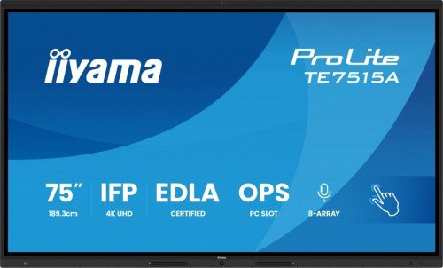 IIYAMA Monitor interaktywny 75 cali TE7515A-B2AG, VA,4K,40pkt,550cd,DeepContrast-IR+,    HDMI x2,DP,USB-C, 2 x 20W, OPS Slot x1, 5xUSB, 2xRJ45,8-Array