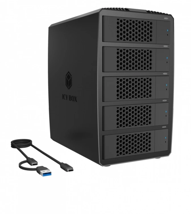 IcyBox System-RAID dla 5 HDD 2,5"/3,5" SATA, IB-RD3705-CU3 RAID 0,1,10,3,5, Single, Large, Clone