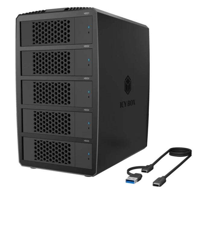 IcyBox System-RAID dla 5 HDD 2,5"/3,5" SATA, IB-RD3705-CU3 RAID 0,1,10,3,5, Single, Large, Clone