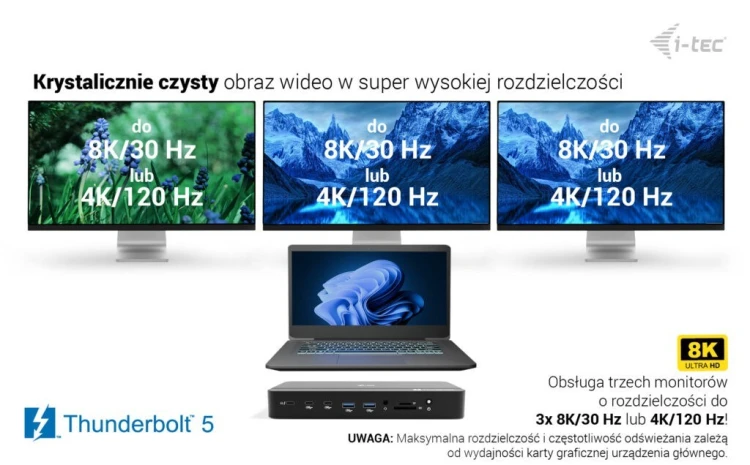 i-tec Stacja dokująca Thunderbolt 5 Triple Display Docking Station M.2 slot 6xUSB 2.5 GLAN PD 140W