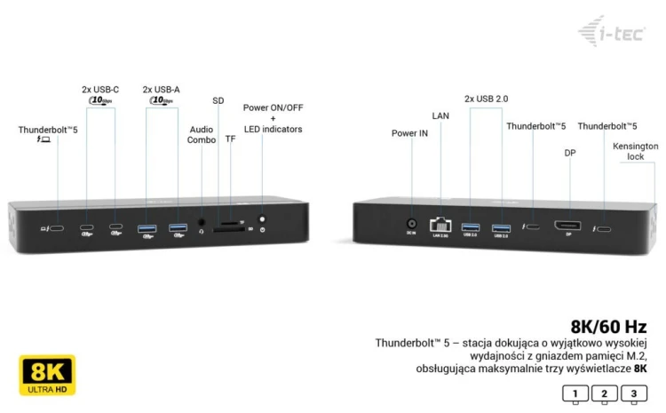 i-tec Stacja dokująca Thunderbolt 5 Triple Display Docking Station M.2 slot 6xUSB 2.5 GLAN PD 140W