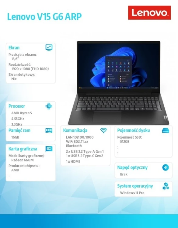 Lenovo Laptop V15 G6 83UU002PPB W11Pro 5 150/16GB/512GB/INT/15.6 FHD/Business black/3YR OS