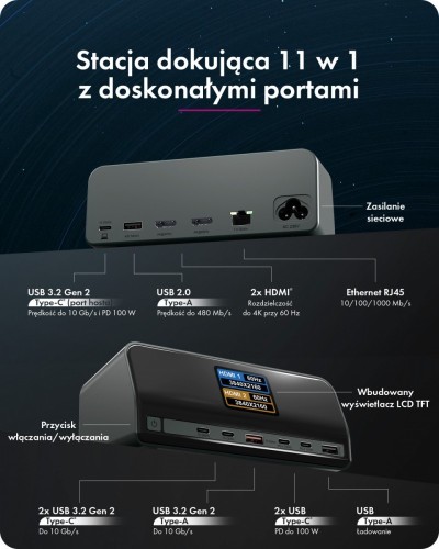 IcyBox Stacja dokująca IB-DK2300-CH 11w1 USB, HDMI, 100W PD, LAN