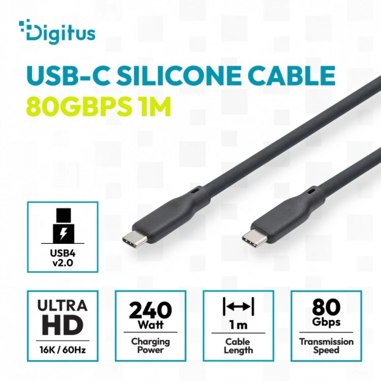 Digitus Kabel połączeniowy silikonowy USB-C-USB-C | USB 4 ver.2.0 80Gbps | 8K@60Hz | PD 3.1 240W| 1,0m | czarny