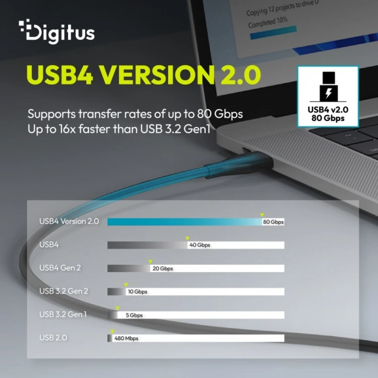 Digitus Kabel połączeniowy silikonowy USB-C-USB-C | USB 4 ver.2.0 80Gbps | 8K@60Hz | PD 3.1 240W| 1,0m | czarny