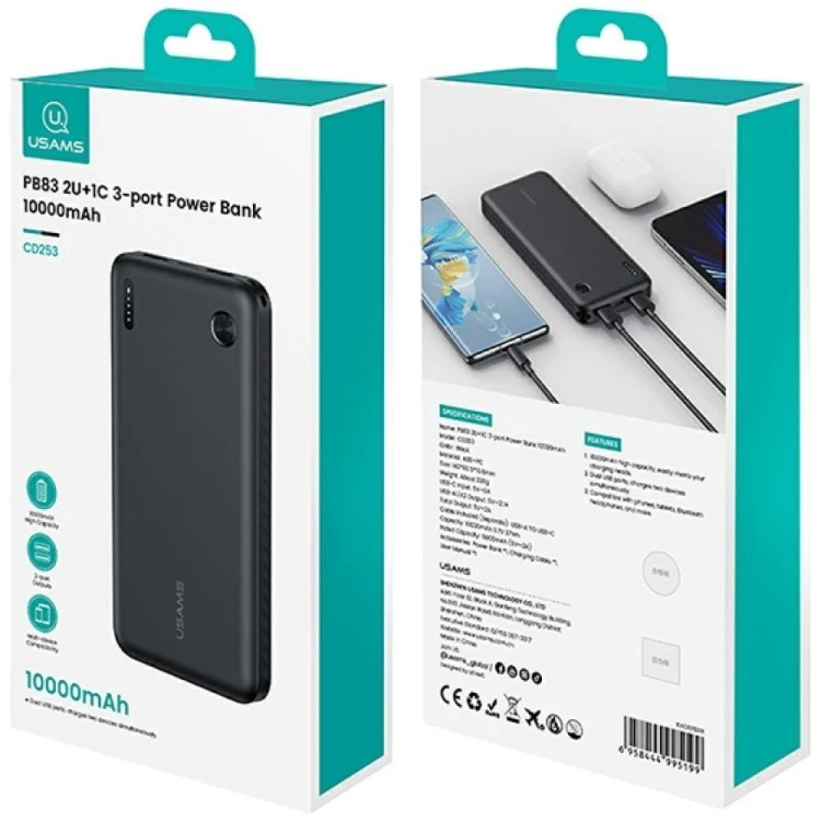 USAMS Powerbank PB83 10000mAh PD 2xUSB-A USB-C czarny