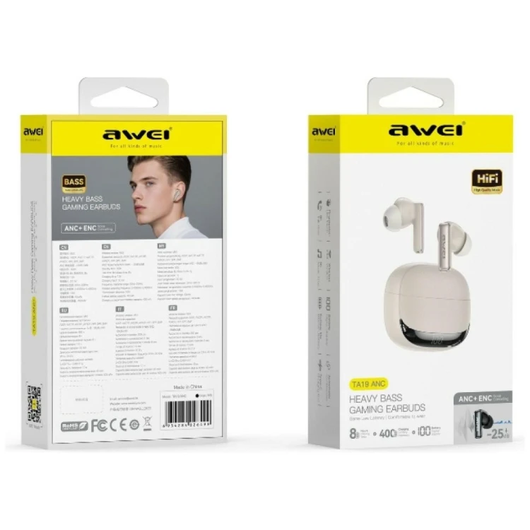 AWEI Słuchawki TA19 ANC TWS Bluetooth 6.0 beżowe