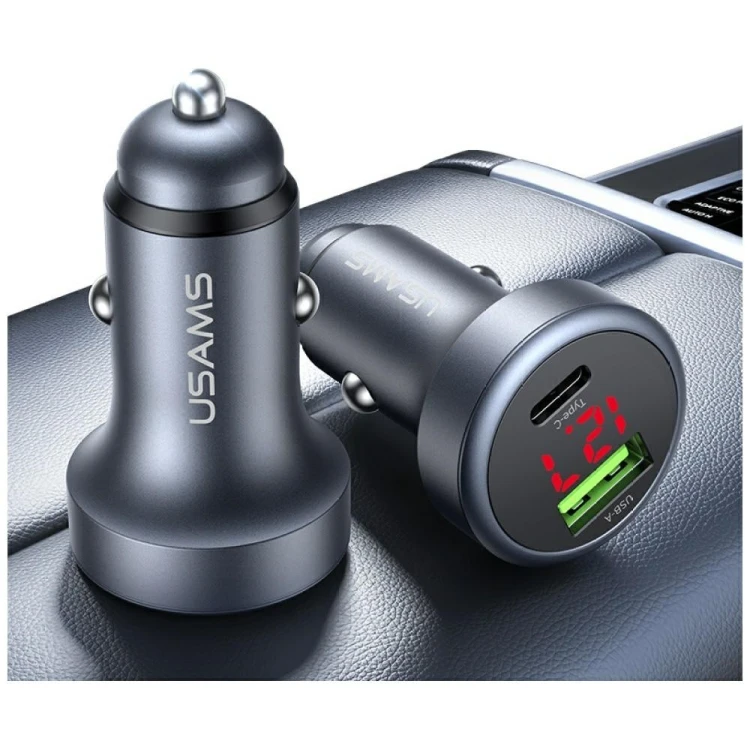 USAMS Ładowarka samochodowa 45W USB-A USB-C LED Aluminium