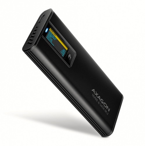 AXAGON EEM2-SD2B Obudowa zewnętrzna aluminiowa bezśrubowa USB-A/C 3.2 Gen2 M.2 NVMe/SATA wyświetlacz LED, czarny