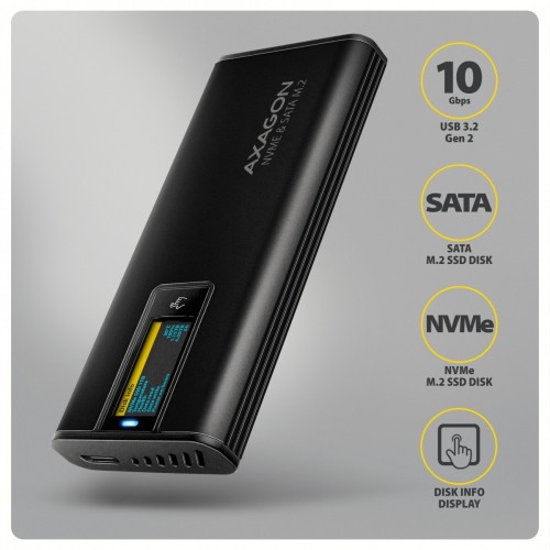 AXAGON EEM2-SD2B Obudowa zewnętrzna aluminiowa bezśrubowa USB-A/C 3.2 Gen2 M.2 NVMe/SATA wyświetlacz LED, czarny