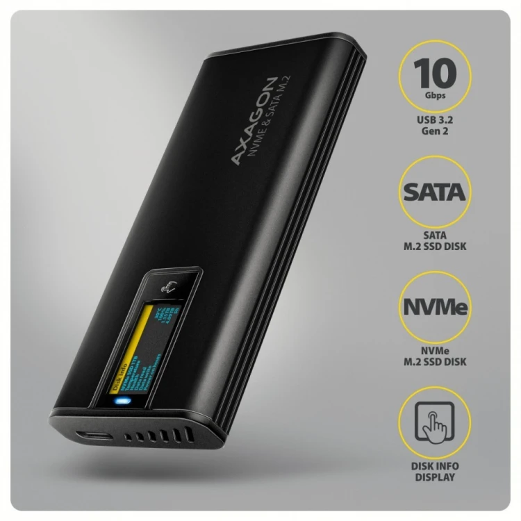 AXAGON EEM2-SD2B Obudowa zewnętrzna aluminiowa bezśrubowa USB-A/C 3.2 Gen2 M.2 NVMe/SATA wyświetlacz LED, czarny