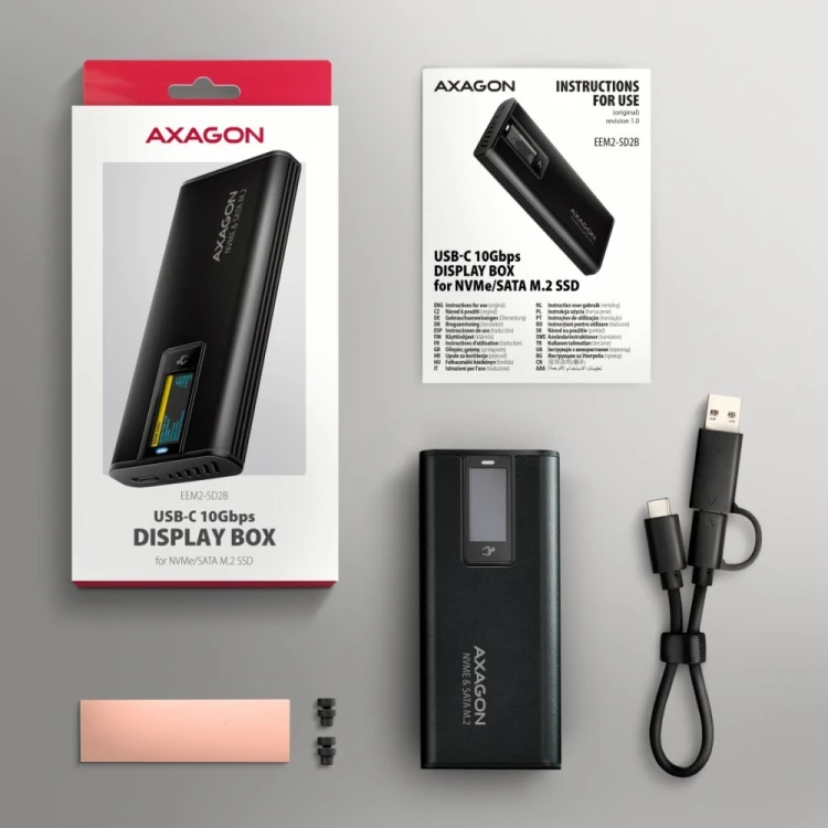 AXAGON EEM2-SD2B Obudowa zewnętrzna aluminiowa bezśrubowa USB-A/C 3.2 Gen2 M.2 NVMe/SATA wyświetlacz LED, czarny