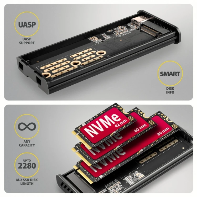 AXAGON EEM2-SD2B Obudowa zewnętrzna aluminiowa bezśrubowa USB-A/C 3.2 Gen2 M.2 NVMe/SATA wyświetlacz LED, czarny