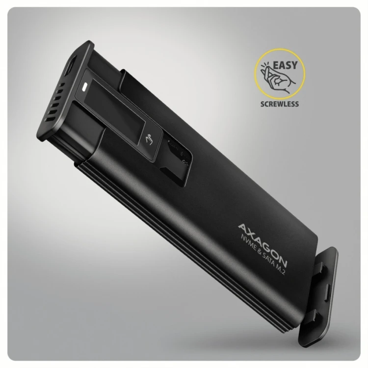 AXAGON EEM2-SD2B Obudowa zewnętrzna aluminiowa bezśrubowa USB-A/C 3.2 Gen2 M.2 NVMe/SATA wyświetlacz LED, czarny