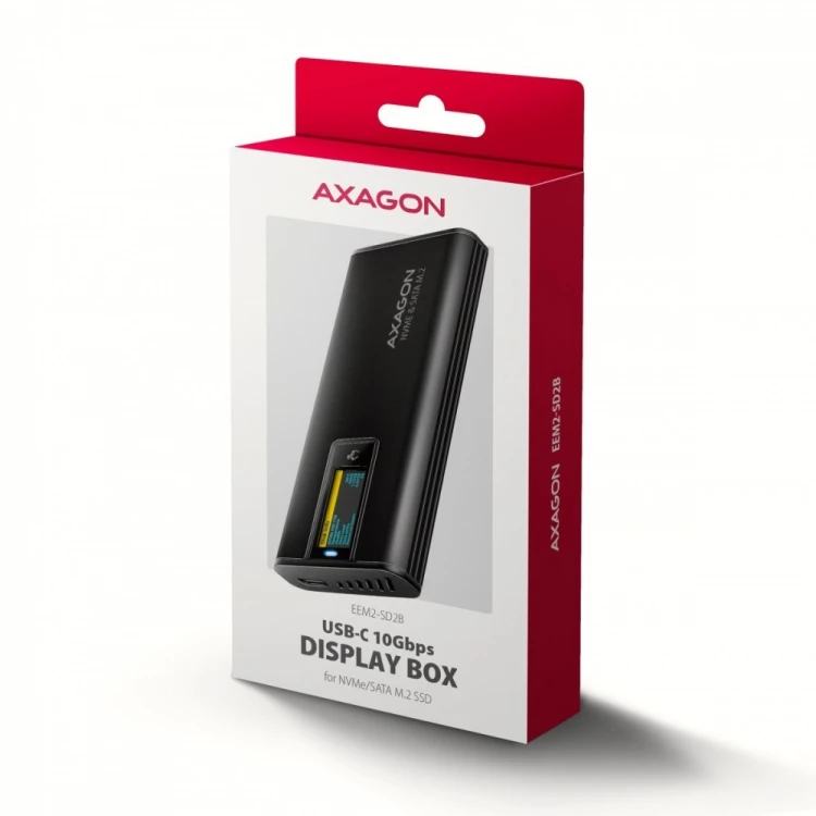 AXAGON EEM2-SD2B Obudowa zewnętrzna aluminiowa bezśrubowa USB-A/C 3.2 Gen2 M.2 NVMe/SATA wyświetlacz LED, czarny