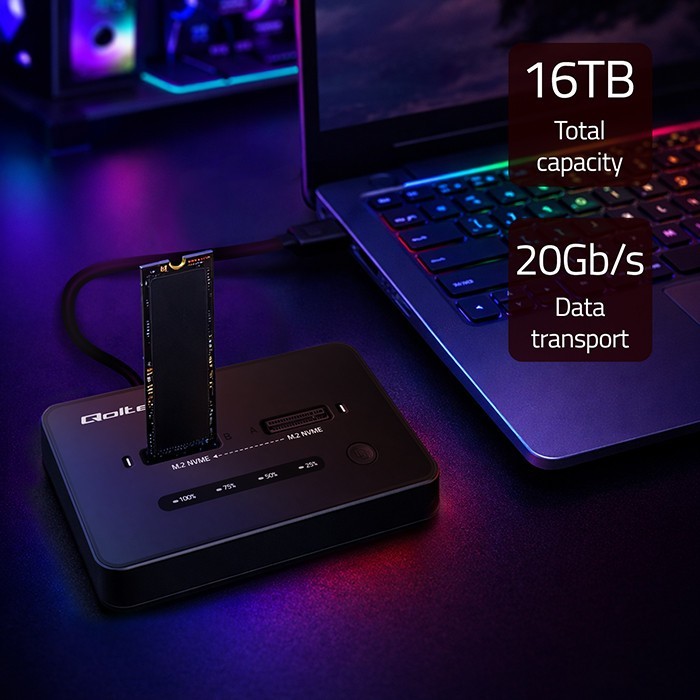 Qoltec Stacja dokujšca dysków SSD M.2 NVMe | PCIe | USB-C | 20Gb/s |    DUAL 2x8TB | klonowanie offline