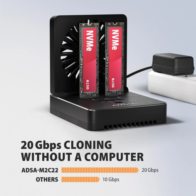 AXAGON ADSA-M2C22 Stacja dokująca USB4 dla 2x M.2 NVMe SSD z funkcją klonowania dysków bez komputera, z wentylatorem chłodzącym