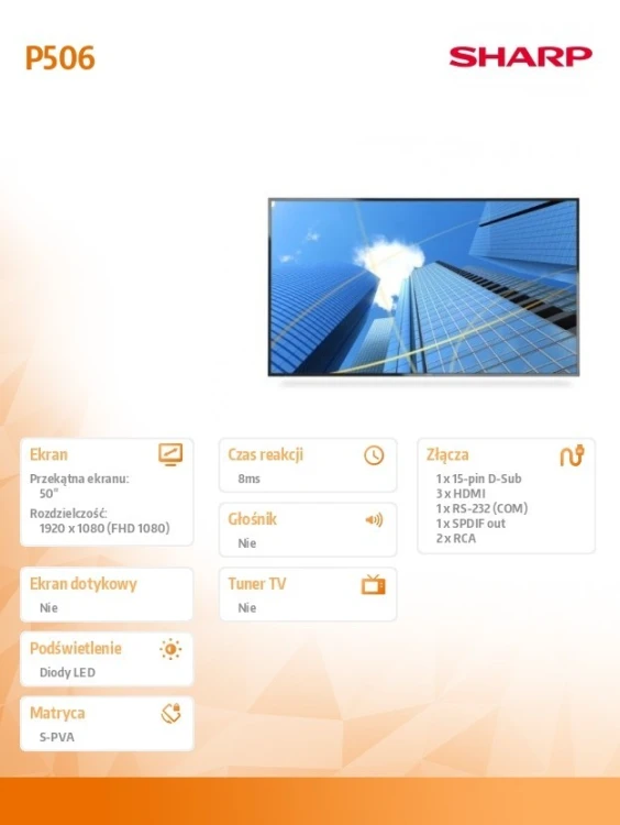 Sharp Monitor wielkoformatowy  MultiSync P506 50 cali UHD 700cd/m2 24/7
