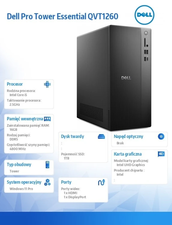 Dell Komputer Dell Pro Tower Essential QVT1260 Win11Pro i5-14400/16GB/1TB SSD/Intel UHD 730/WLAN+BT/Kb/Mouse/3YPS