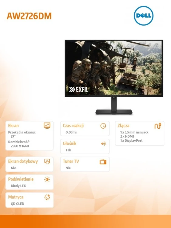 Dell Monitor gamingowy Alienware AW2726DM 27 cali IPS QHD/16:9/DP/HDMI/3Y