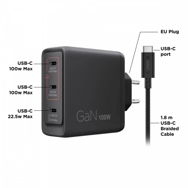 Lenovo Ładowarka Multi-port USB-C 100W GaN 40AW100BEU
