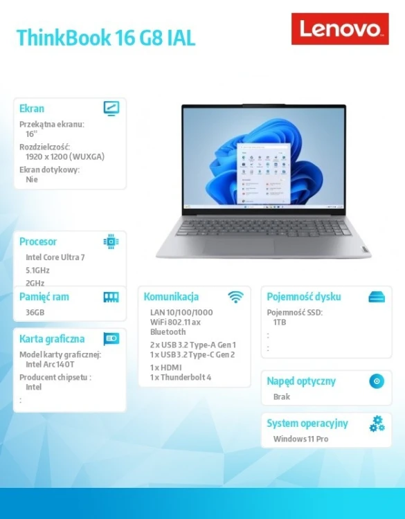 Lenovo Laptop ThinkBook 16 G8 21SK00R0PB W11Pro Ultra 7 255H/2X16GB/1TB/INT/16.0 WUXGA/Arctic grey/3YRS OS + CO2 Offset