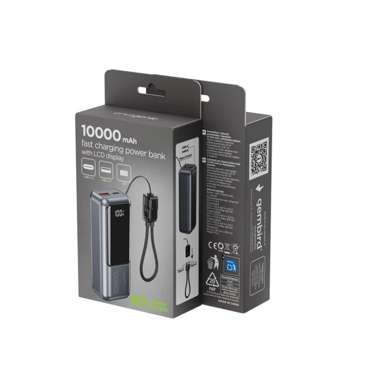 Gembird PowerBank LCD 10000mAh QC3.0 20W szary