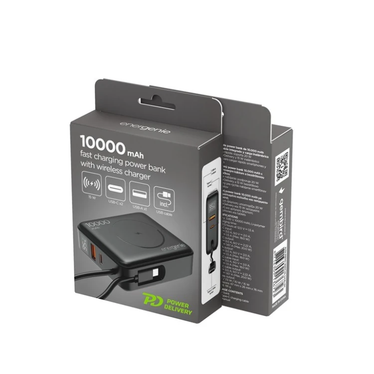 Gembird PowerBank 10000mAh 1xUSB-C/1xUSB-A 20W bezprzewodowy 15W czarny