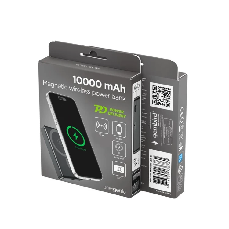 Gembird PowerBank 10000mAh LCD 1xUSB-C 20W bezprzewodowy 15W czarny