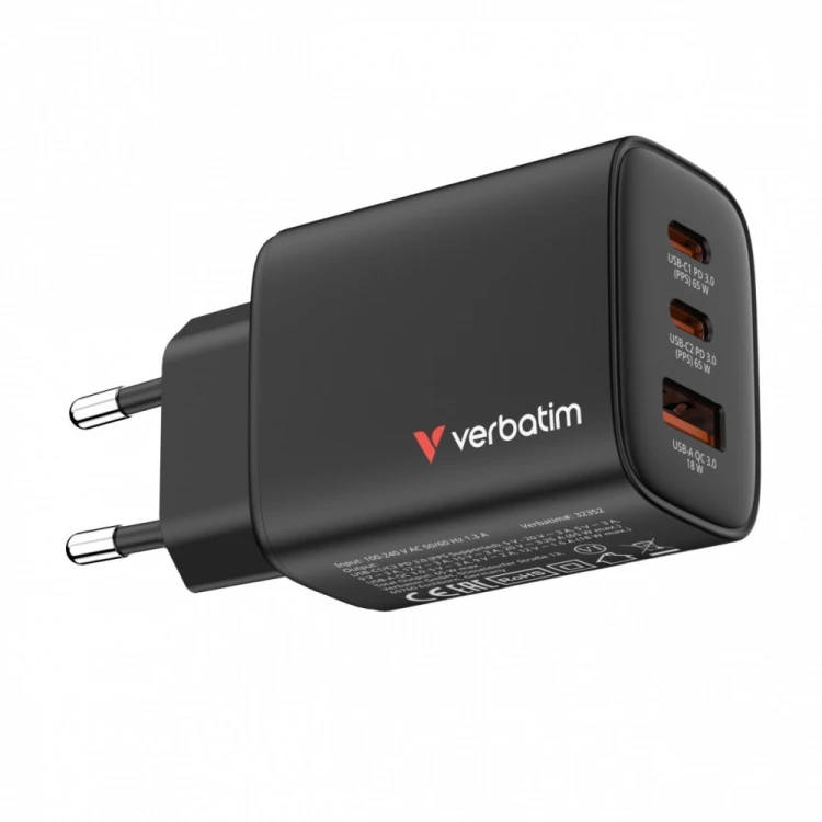 Verbatim Ładowarka GaN 65W QC 3.0, 2x USB-C, 1x USB PD 3.0 EU