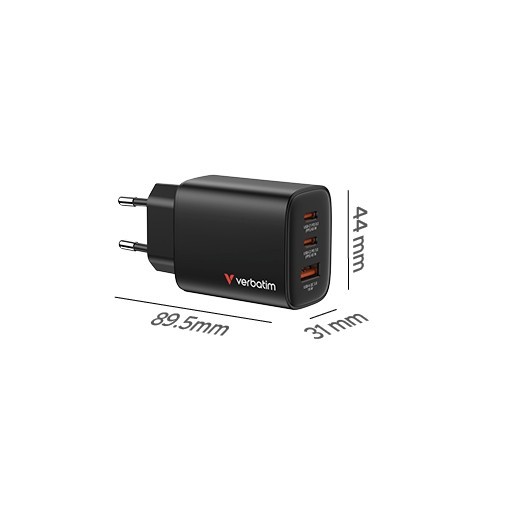 Verbatim Ładowarka GaN 65W QC 3.0, 2x USB-C, 1x USB PD 3.0 EU