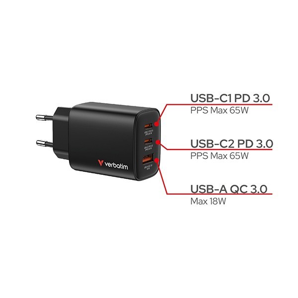 Verbatim Ładowarka GaN 65W QC 3.0, 2x USB-C, 1x USB PD 3.0 EU