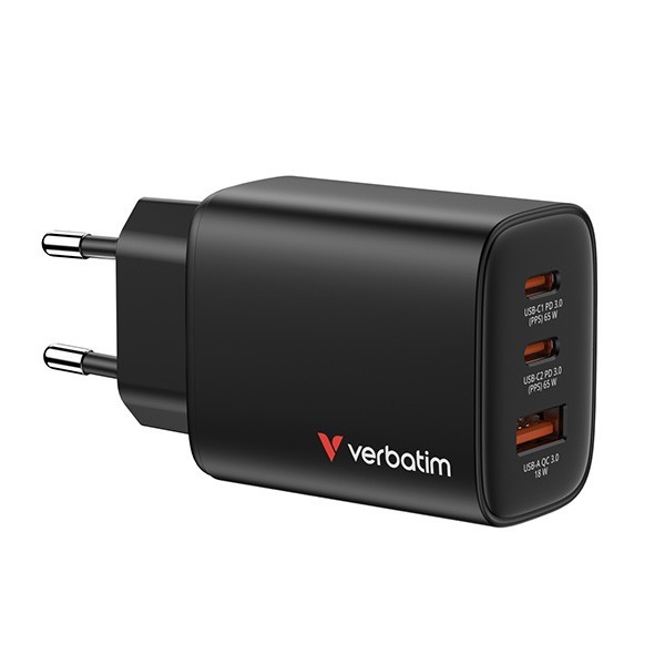 Verbatim Ładowarka GaN 65W QC 3.0, 2x USB-C, 1x USB PD 3.0 EU