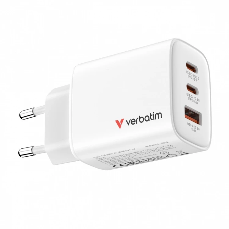 Verbatim Ładowarka GaN 65W QC 3.0, 2xUSB-C, 1x USB-A PD 3.0 EU