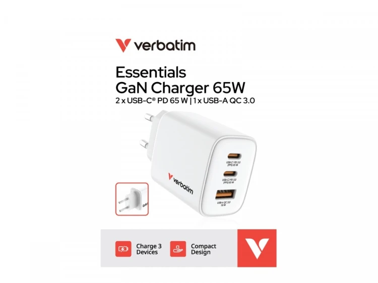 Verbatim Ładowarka GaN 65W QC 3.0, 2xUSB-C, 1x USB-A PD 3.0 EU